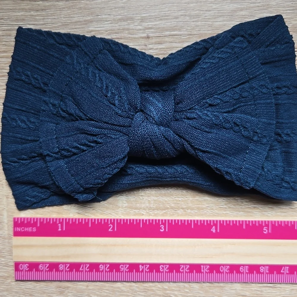 Boho Kids Bowknot Headband Navy Blue Cable Knit Baby Turban Stretchy Hairband